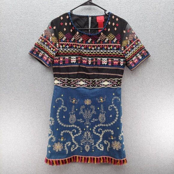Embroidered Multicolor Short-Sleeve Dress With Fringe Hem By V Cristina Size 6 - Picture 1 of 3